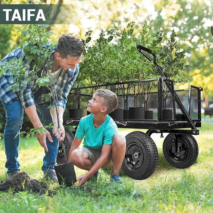 Taifa Heavy Duty 1100 Lbs Capacity Steel Garden Cart with 11.5 inch Tire, Removable Side Panels Turn Into Flatbed, Utility Cart for Yard Lawn and Farm, Metal Wagon with 180° Rotating Handle, Black by GreenHaven Gardens