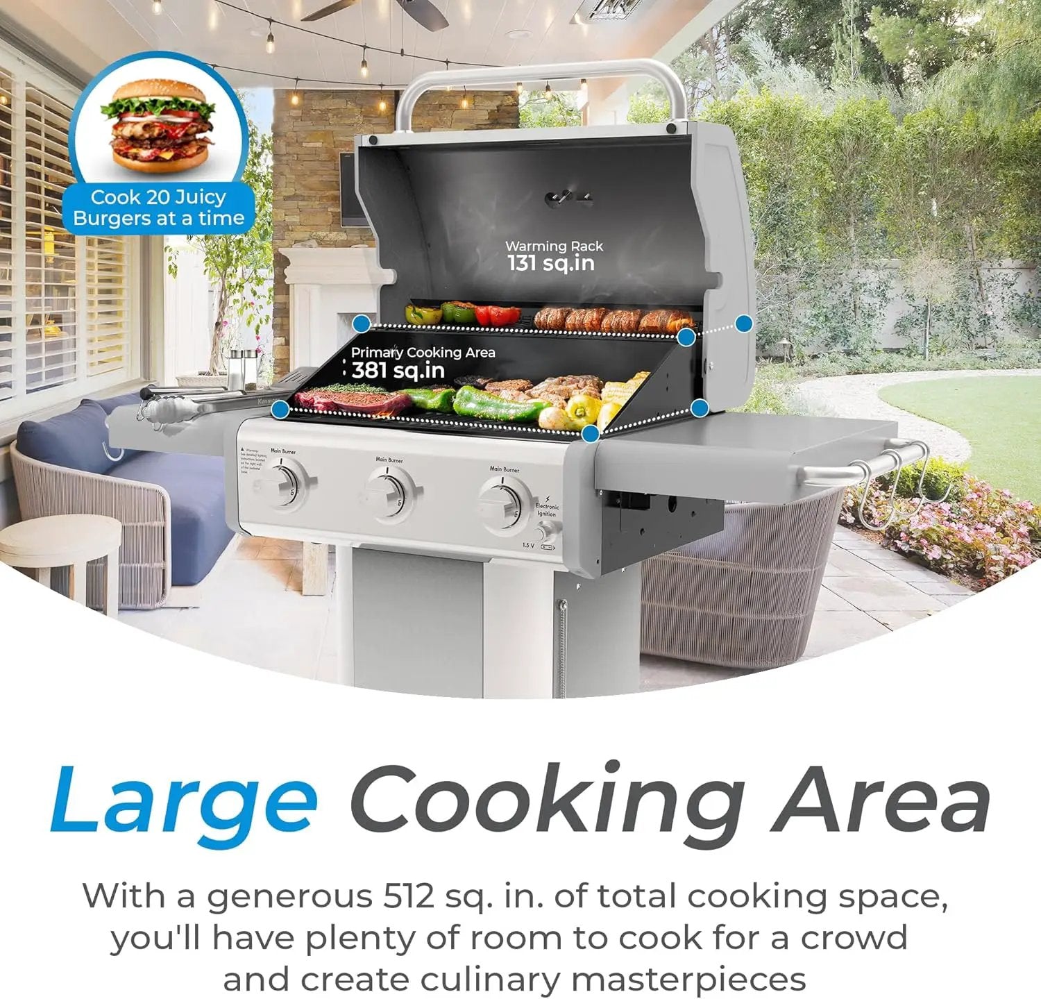 Kenmore 3-Burner Outdoor BBQ Grill | Liquid Propane Barbecue Gas Grill with Folding Sides, PG-A4030400LD-PE, Pedestal Grill with Wheels, 30000 BTU, Pearl White by GreenHaven Gardens