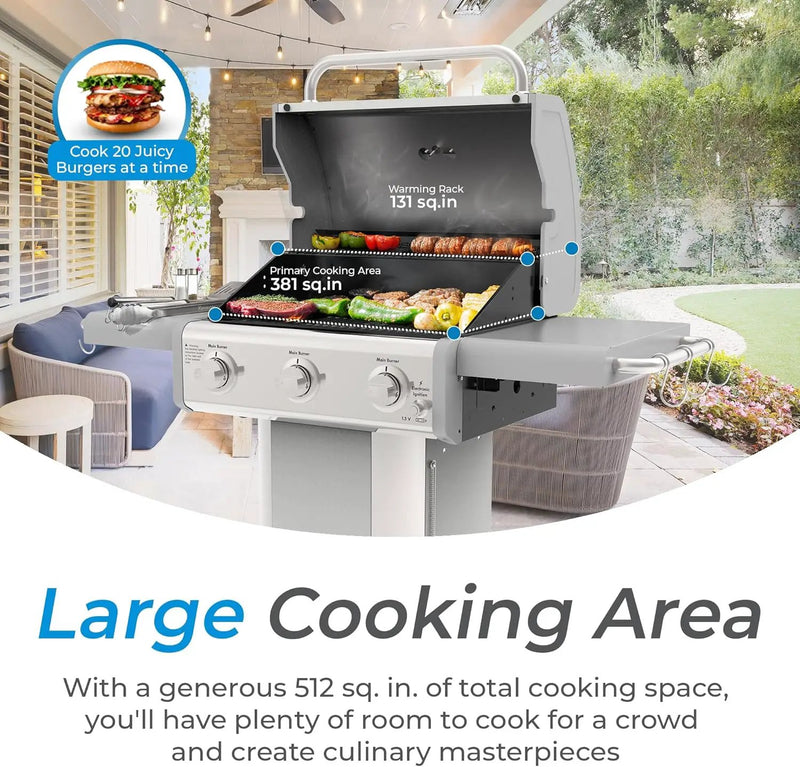 Kenmore 3-Burner Outdoor BBQ Grill | Liquid Propane Barbecue Gas Grill with Folding Sides, PG-A4030400LD-PE, Pedestal Grill with Wheels, 30000 BTU, Pearl White by GreenHaven Gardens