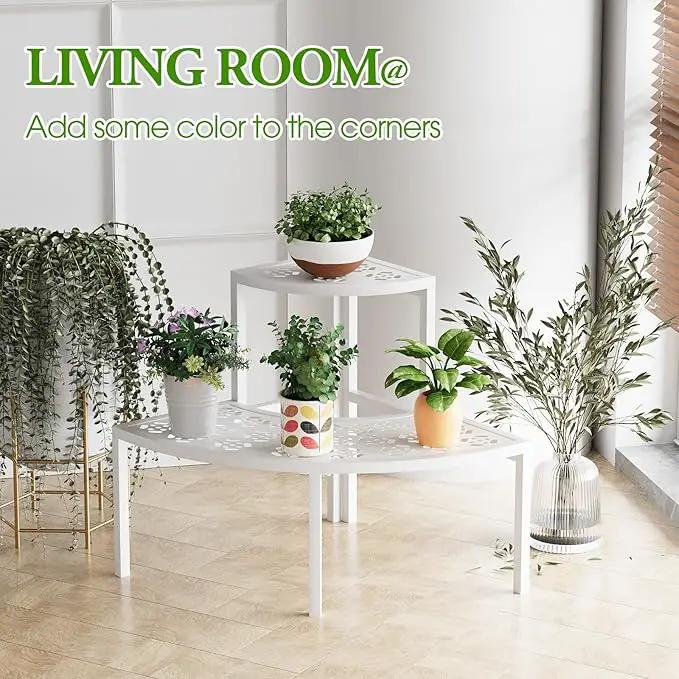 aboxoo 2 Tier Plant Stand Flower Pot Rack for Patio,Heavy Duty Metal Stair-Step Style Corner Shelf Planters, Quarter Round Display Holder for Indoor Outdoor Use(White, Semicircle) by GreenHaven Gardens