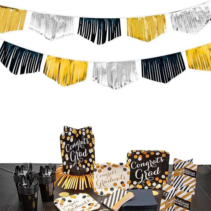Black Silver Gold Tassel Banner Double Sided Metallic Fabric Pennant Bunting Flag Garland for Graduation Birthday Anniversary Bachelorette Engagement Wedding Bridal Shower Party Decorations Supplies by GreenHaven Gardens