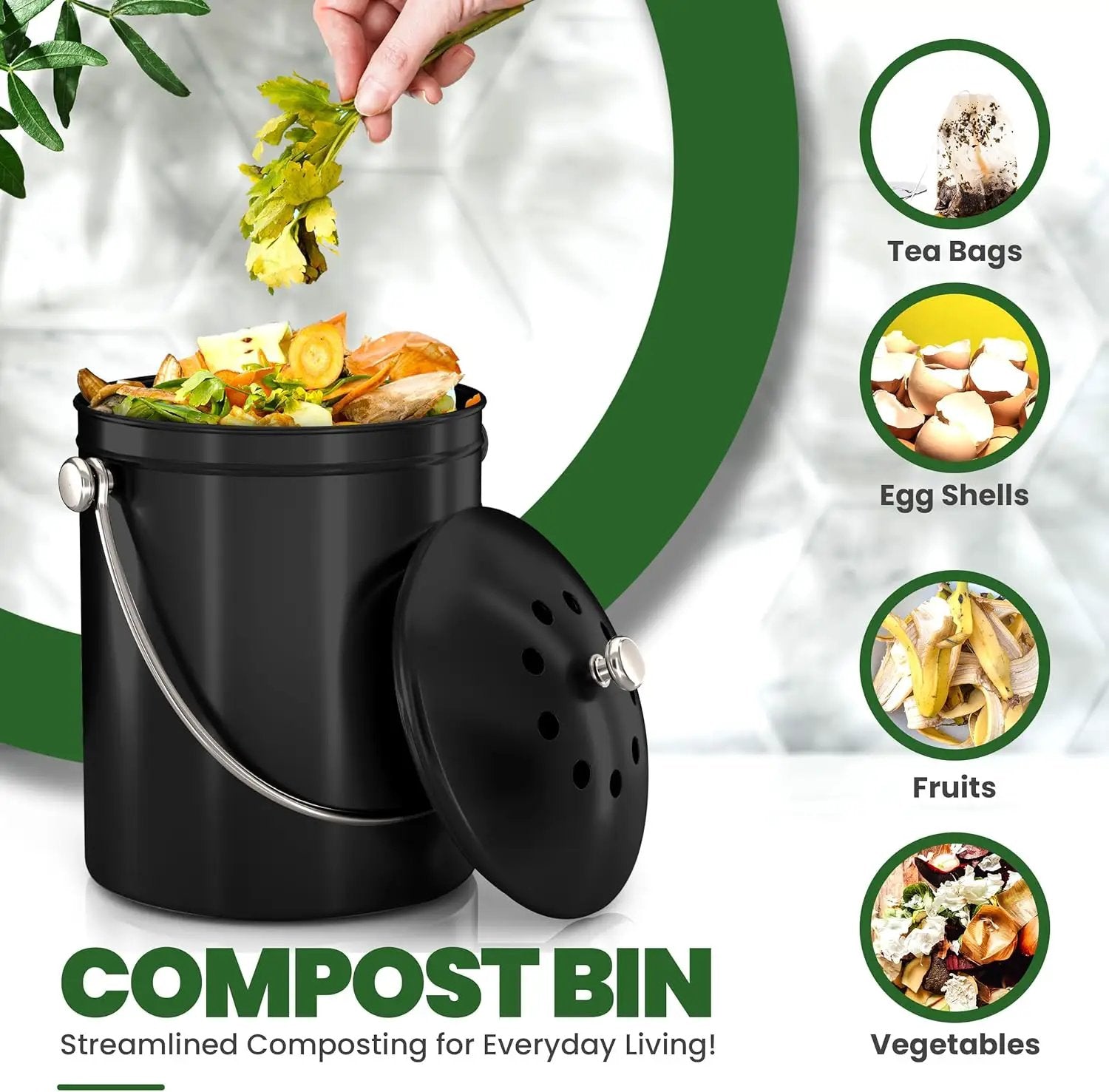 Utopia Kitchen Compost Bin for Kitchen Countertop, 1 Gallon Compost Bucket for Kitchen with Lid, Includes 1 Spare Charcoal Filter (Black) by GreenHaven Gardens