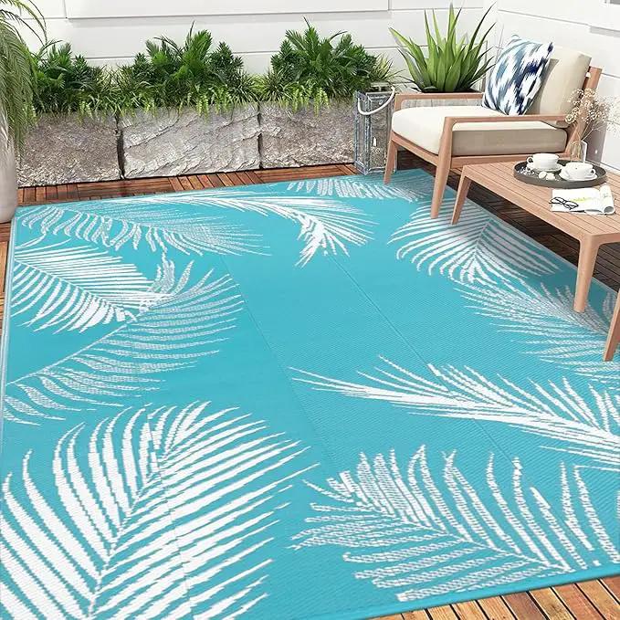 Pauwer Waterproof Outdoor Rug 5x8, Reversible Plastic Straw Patio Camping Rug, Indoor Outdoor RV Mat Carpet for Deck, Camper, Porch, Balcony, Backyard, Picnic, Leaf Teal by GreenHaven Gardens