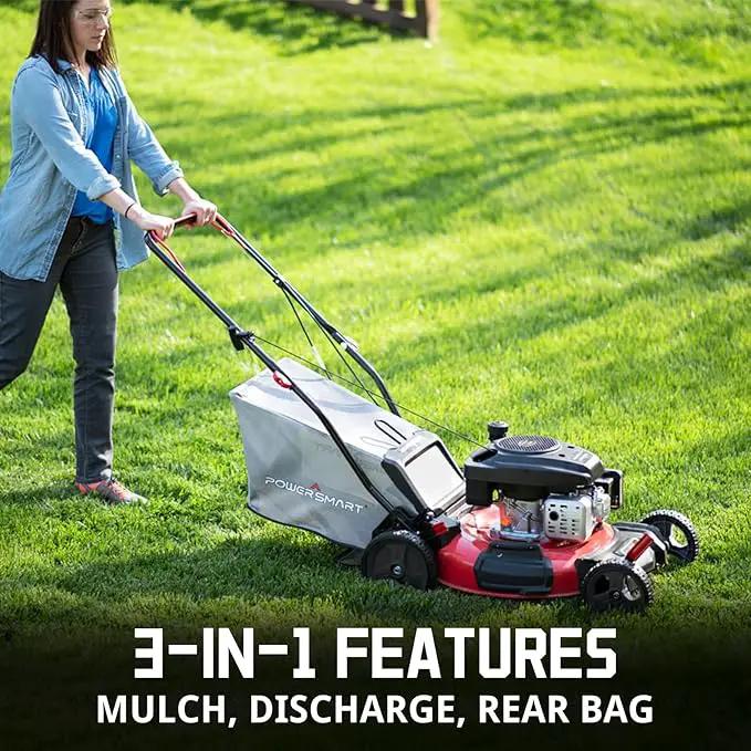 PowerSmart Lawn Mower Gas Powered, 21-Inch 144cc Engine 3-in-1 Walk-Behind Push Lawn Mower, Oil Included by GreenHaven Gardens