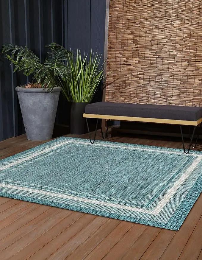 Unique Loom Outdoor Border Collection Area Rug - Soft Border (5' 1" Square, Teal/ Ivory) by GreenHaven Gardens