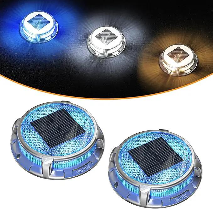 Quntis Solar Deck Lights Outdoor, 3 Color Modes Solar Driveway Lights IP68 Waterproof, Deck Light for Stair Pathway Walkway Pool Road (Blue/Cool White/Warm White) 2 Pack by GreenHaven Gardens