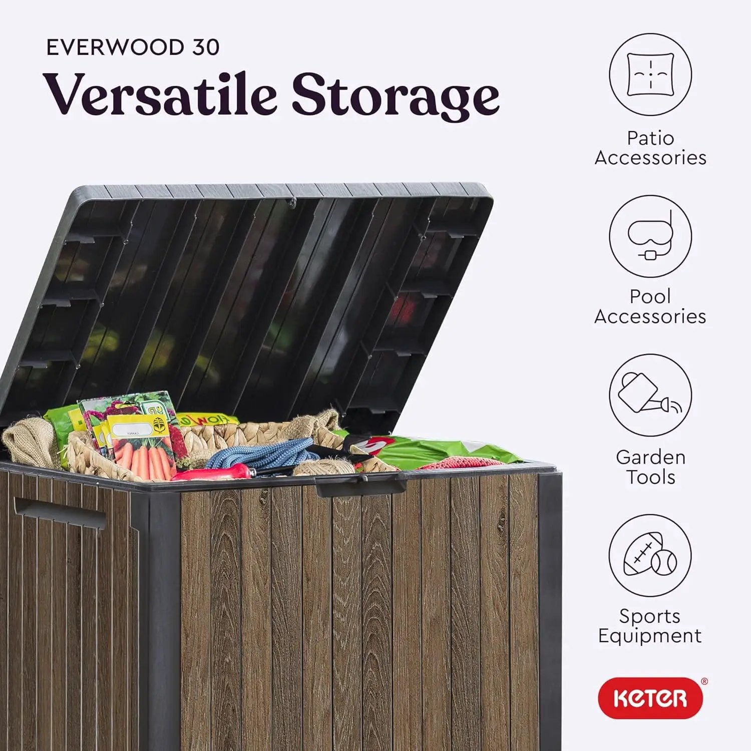 Keter Signature Everwood 30 Gallon Resin Outdoor Storage Box and Patio Furniture Side Table for Pool and Garden Accessories, Walnut by GreenHaven Gardens