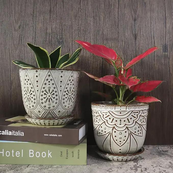 Gepege 6 Inch Beaded Ceramic Planter Set of 2 with Drainage Hole and Saucer for Plants, Indoor-Outdoor Large Round Succulent Orchid Flower Pot (Smoked Gray, Inner-pots not Larger Than 5 Inch) by GreenHaven Gardens
