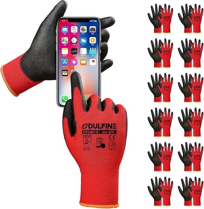 DULFINE Safety Work Gloves PU Coated for Men and Women-12 Pairs,Red Seamless Knit Glove with Two Fingers Touchscreen,Ideal for General Duty Work (Medium) by GreenHaven Gardens