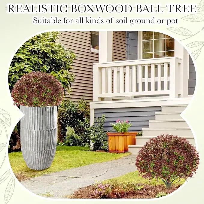 Yunlly 4 Pack 18" Artificial Boxwood Ball Bush Topiary Trees Fake Outdoor Plants, Realistic UV Resistance Faux Shrubs with Spike Greenery Topiary for Front Porch Garden Yard Patio Indoor (Dark Red) by GreenHaven Gardens