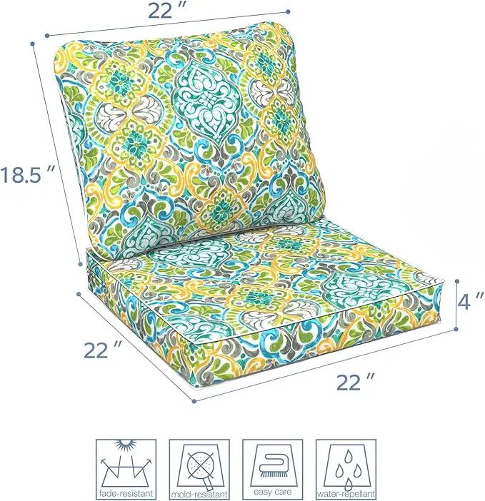 LVTXIII Outdoor Deep Seat Cushion 22"x22"x4" Patio Seat and Back Cushion Set Seasonal Chair Cushion for Dining Arm Chairs, Wicker Chairs and Garden Furniture Decoration, Damask Green by GreenHaven Gardens