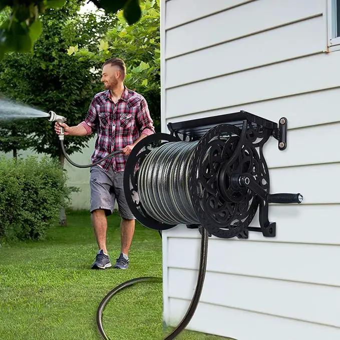 Metal Decorative Garden Hose Reel, Heavy Duty Hose Holder for Outside, Aluminum Frame, No-Leak Aluminum Water System, Easy Assmbly, Wall Mount, Holds 135 ft x 5/8" Hose Storage, Dark Bronze by GreenHaven Gardens