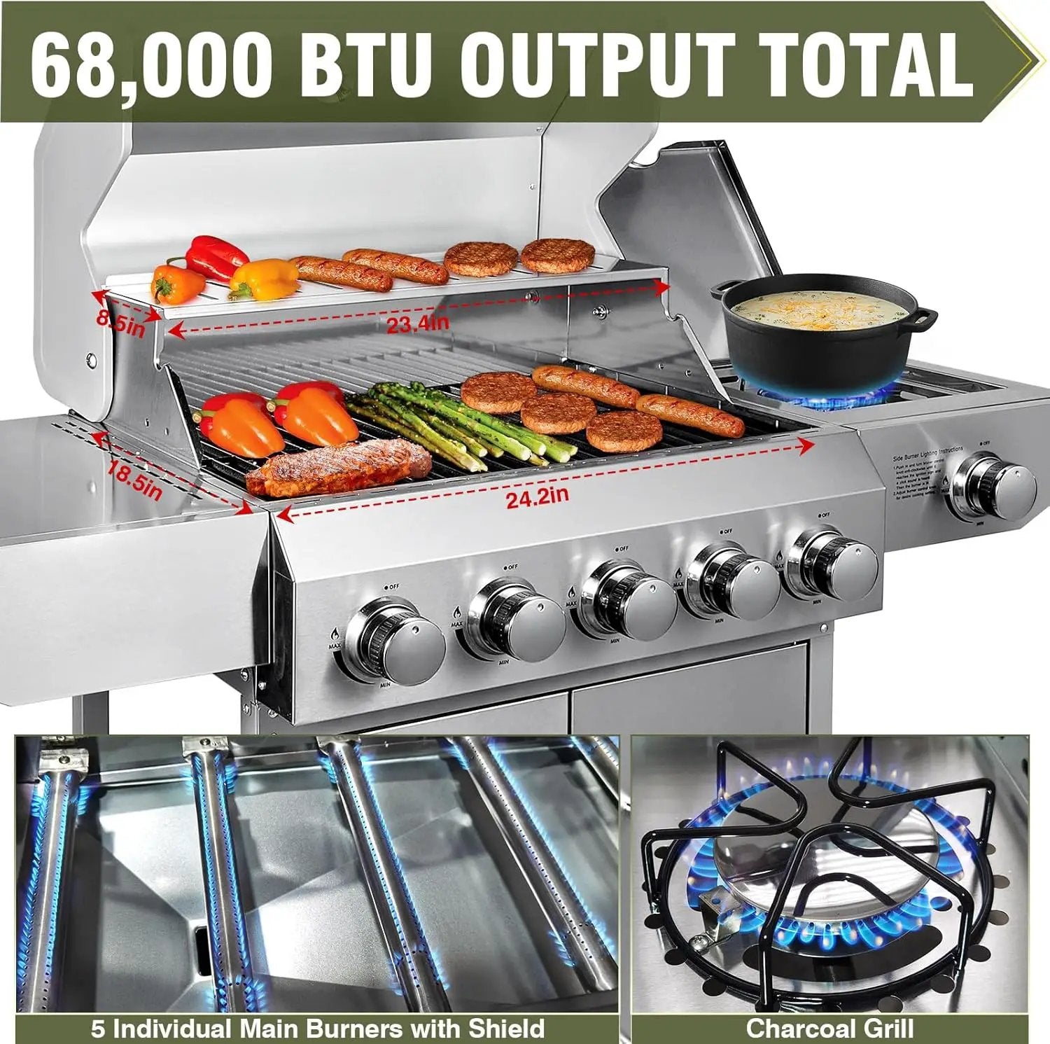 Bestfire 68,000 BTU 5 Burner Propane Gas Grill with Side Burner-Professional-Grade Stainless Steel Outdoor BBQ Grill-647 sq in Cooking Space&Porcelain Cast Iron Grrates-Patio Cart Design for Backyard by GreenHaven Gardens