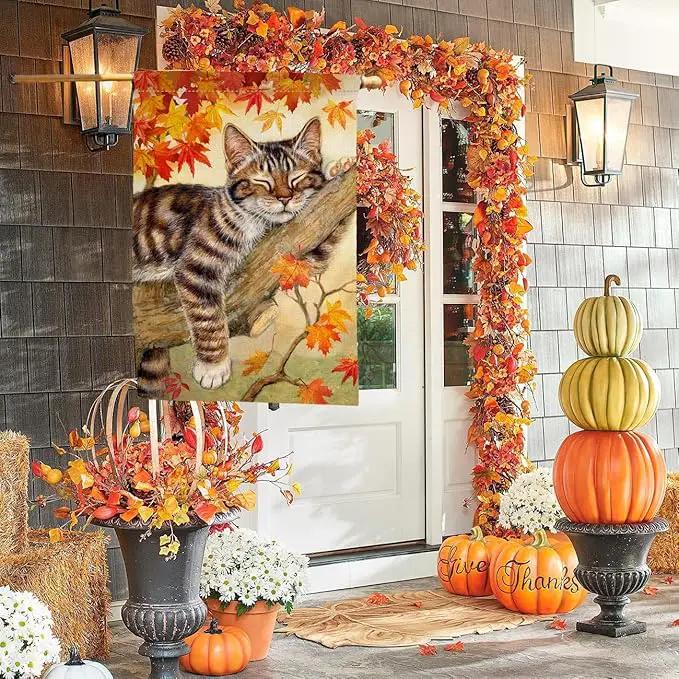 BLKWHT Fall Cat House Flag 28 x 40 Vertical Double Sided Autumn Leaves Thanksgiving Holiday Outside Decorations Burlap Yard Flag BW699-40 by GreenHaven Gardens