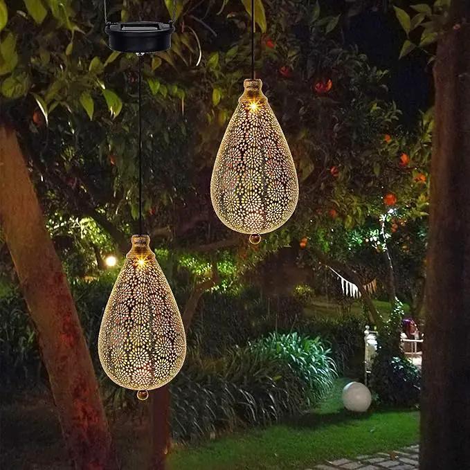 MAGGIFT 2 Pack Solar Hanging Lights, Solar Powered Decorative Retro Lantern with Handle, Warm White LED Christmas Garden Boho Flower Lights, Metal Drop Shape Waterproof Outdoor Yard Tree Fence Patio by GreenHaven Gardens