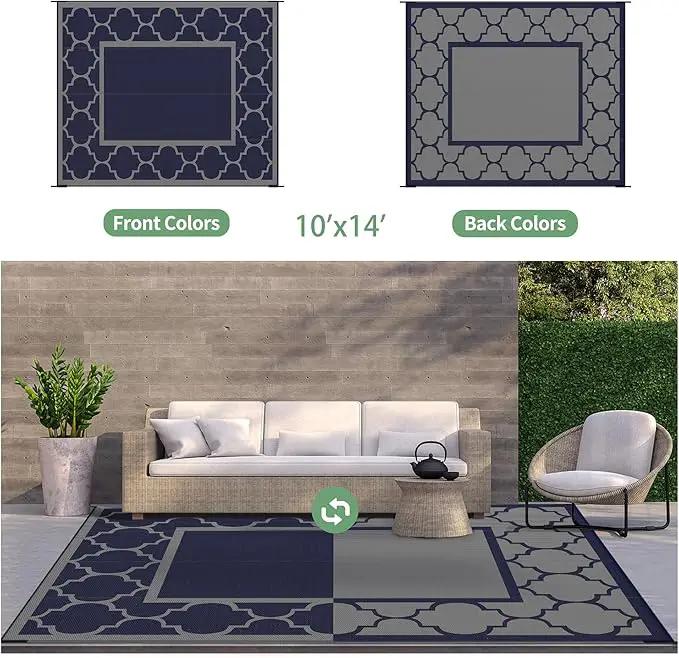 GENIMO 10 ' x 14 ' Outdoor Rug Waterproof for Patio Decor, Foldable Reversible Plastic Straw Area Rugs Mat for Camper, Outside Carpet for Rv, Deck, Porch, Picnic, Beach, Balcony, Blue & Grey by GreenHaven Gardens