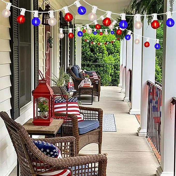 G40 LED Red White and Blue Lights, 27.8 FT 4th of July Lights Plug in with 25+3 Bulbs, Patriotic Decorations Outdoor String Light for Memorial Day Independence Day Patio Garden Backyard Bistro Decor by GreenHaven Gardens