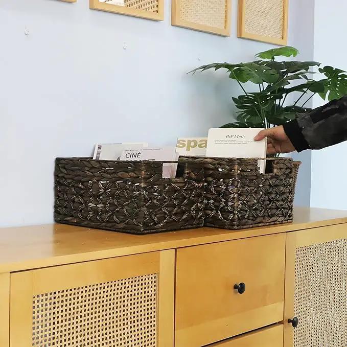 Rectangular Woven Water Hyacinth Basket,Dark Storage Basket With Inside Handle Shelves Kitchen Office Desk (Set of 2) by GreenHaven Gardens