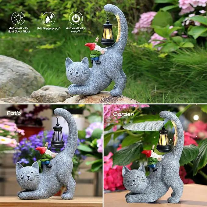 Cat Statue Garden Decor with Funny Gnome Figurine & Solar Lantern, Motherday Gifts for Mom,Birthday Gift for Women,Cat Statues for Garden,Patio,Yard Decoration, Gray, SR-C-003 by GreenHaven Gardens