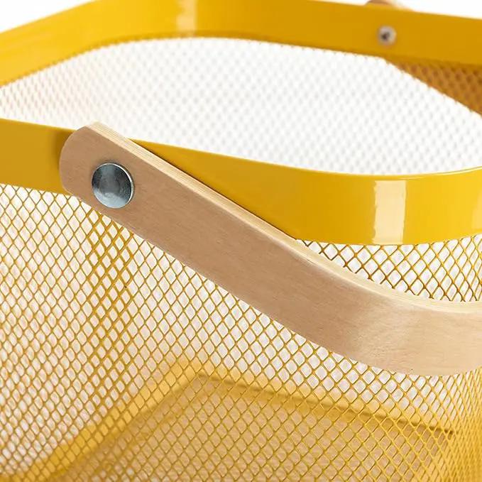 Metal Mesh Steel Basket, Storage Organizer Basket Multi-functional Hanging Kitchen Baskets Fruit Baskets with Wooden Handle for Kitchen Bathroom Picnic Shopping Decor Cabinet Home, Yellow by GreenHaven Gardens