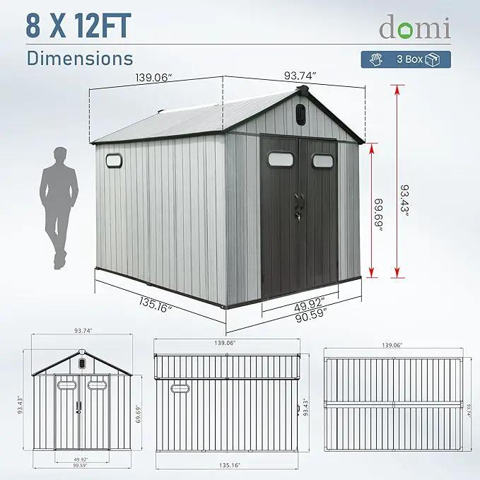 Domi 8x12 FT Outdoor Resin Storage Shed, All-Weather Double-Wall Storage Building for Backyard, Garden, Lawn Tools, Mower, Bike & Pool Equipment, Lockable Doors, Ventilated Roof, Grey by GreenHaven Gardens