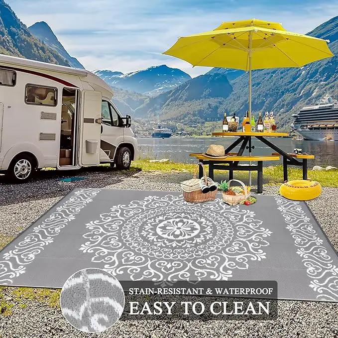 Pauwer Waterproof Outdoor Rug 6x9, Reversible Plastic Straw Patio Camping Rug, Indoor Outdoor RV Mat Carpet for Deck, Camper, Porch, Balcony, Backyard, Picnic, Floral Grey by GreenHaven Gardens