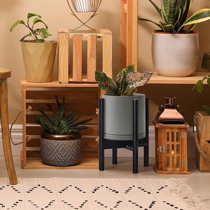 D'vine Dev Ceramic Planter with Ebony Stand - 8 Inch Modern Round Flower Pot with Wood Planter Holder, Grey, 55-B-M-3 by GreenHaven Gardens