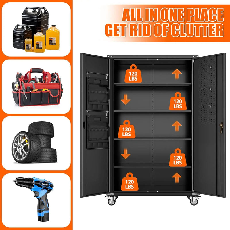 72" H Wide and Deep Garage Storage Cabinet with Wheels & Pegboard, Large Locking Metal Storage Cabinet with 2 Doors and 4 Adjustable Shelves for Garage, Home, Assembly Required, Black by GreenHaven Gardens