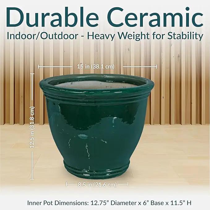 Sunnydaze Studio Large Ceramic Plant Pot - Round Outdoor Glazed Ceramic Planter Pot with Drainage - Dark Green - 15 in by GreenHaven Gardens