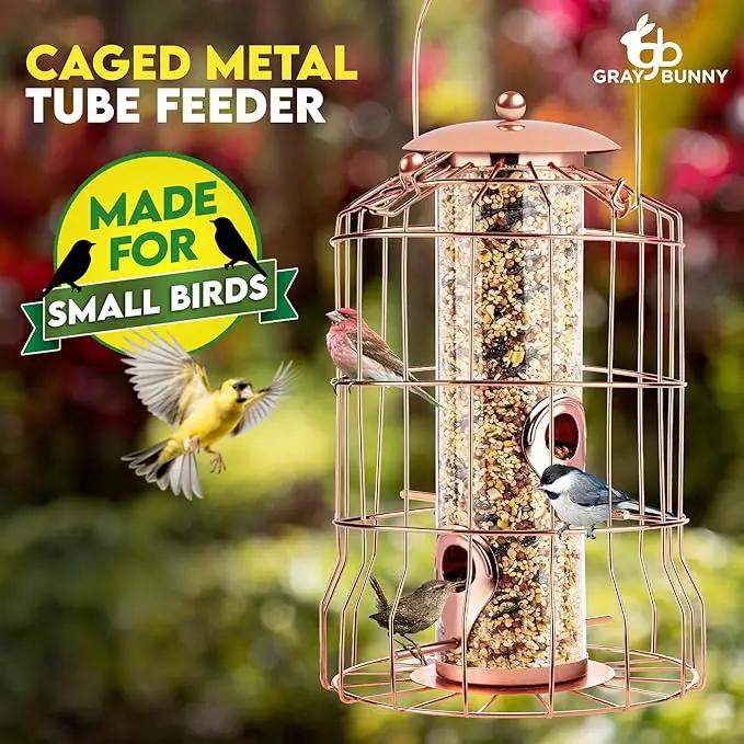 Squirrel Proof Bird Feeder for Outdoors Hanging (Metal Rose Gold) Bird Feeder with 4 Ports, Chew-Proof & Weather Resistant, Backyard Gift (10.25 x 6.25 x 6.25 inches) by GreenHaven Gardens