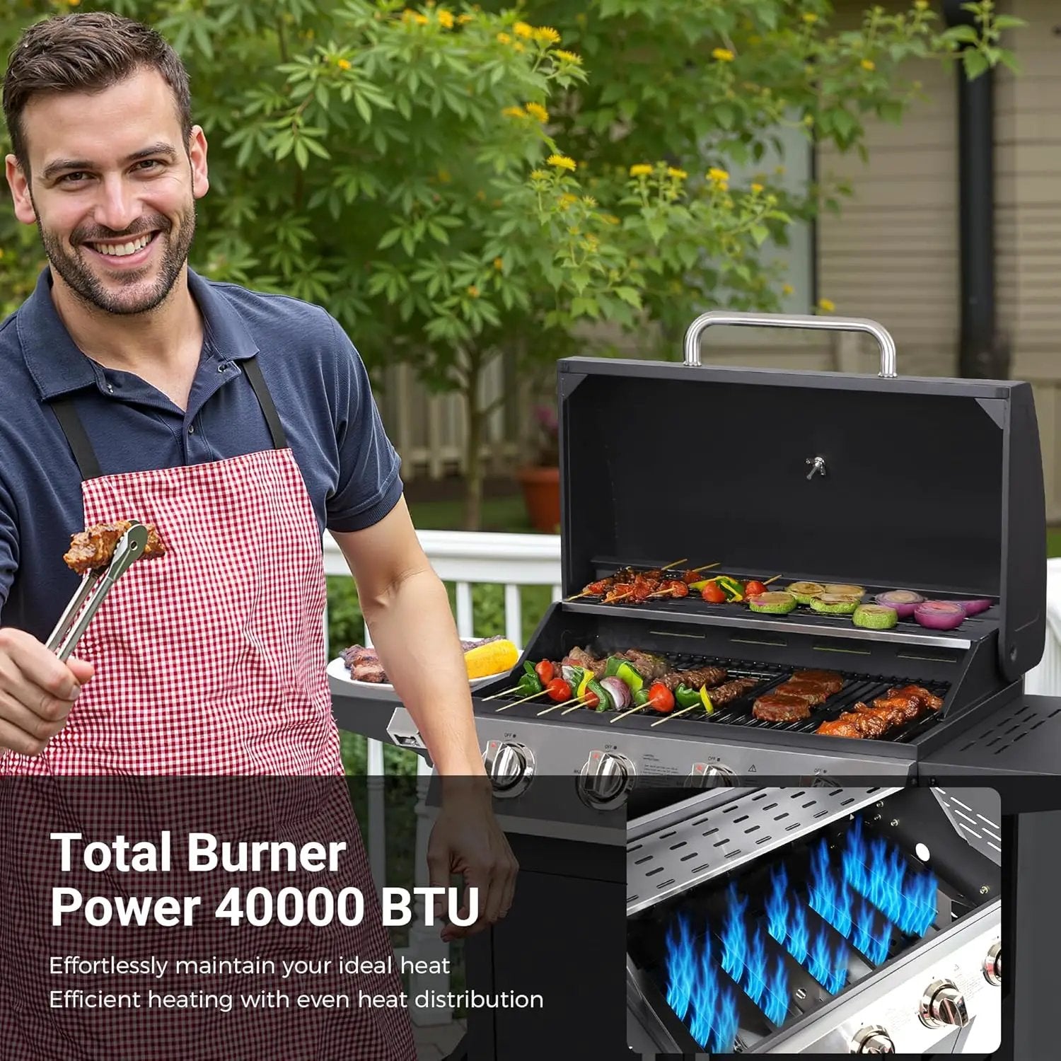 4-Burner Propane Gas Grill, Stainless Steel BBQ with 40,000 BTU, Foldable Side Shelves, Porcelain-Coated Grates, Ideal for Patio & Backyard Cooking (4 Burner) by GreenHaven Gardens