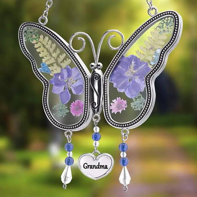 Laraine Butterfly Suncatcher with Pressed Flower Wings Mom Mother's Day Butterfly Glass Wind Chime Ornament Charm with Metal Heart Gifts for Mom Grandma Birthday (Purple Grandma (with Free Hook) by GreenHaven Gardens