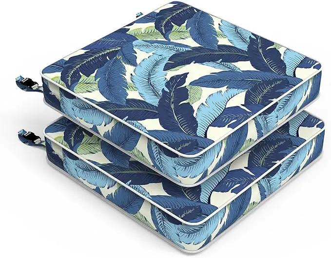 LVTXIII Patio Chair Cushions 22"x22"x3", Water-Repellent Outdoor Seat Cushions for Patio Furniture, Square Chair Pads with Ties for Home Garden Decoration, Set of 2, Swaying Palms Blue by GreenHaven Gardens