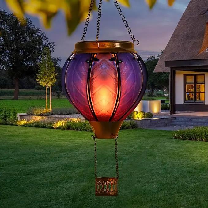 Hot Air Balloon Solar Lantern with Flickering Flame Hanging Solar Lights Outdoor Waterproof Lanterns for Garden Patio Yard Party Decoration Blue&Pink by GreenHaven Gardens