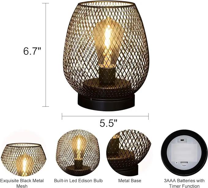 2 Pack Battery Operated Lamp Outdoor Table Lantern,Metal Cage Cordless Lamps with LED Bulb for Weddings Parties Patio Events Indoor Outdoor Patio Bedroom Living Room（Black by GreenHaven Gardens
