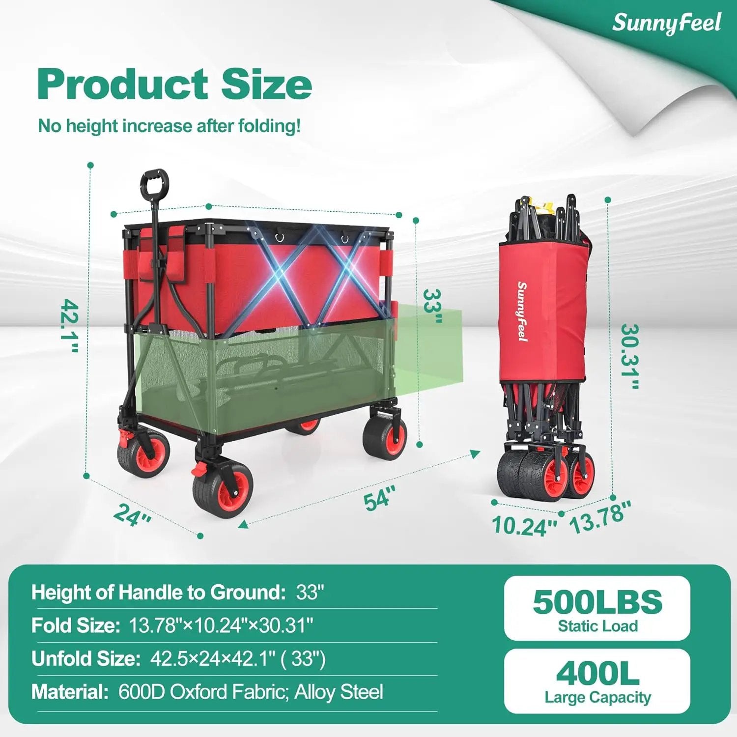 SUNNYFEEL Heavy Duty Collapsible Outdoor Utility Wagon Cart 500LB Capacity Adjustable Handlebar,Foldable Beach Wheels Stable Durable Oxford Fabric for Shopping Garden Camping (Red, Double Deck) by GreenHaven Gardens