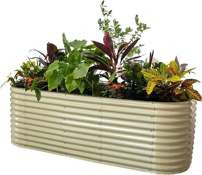 Vego garden 32" Extra Tall Raised Garden Bed Kits, 10 in 1 Modular Raised Planter Box for Vegetables Flowers Fruits Oval Metal Raised Garden Bed- Pearl White by GreenHaven Gardens