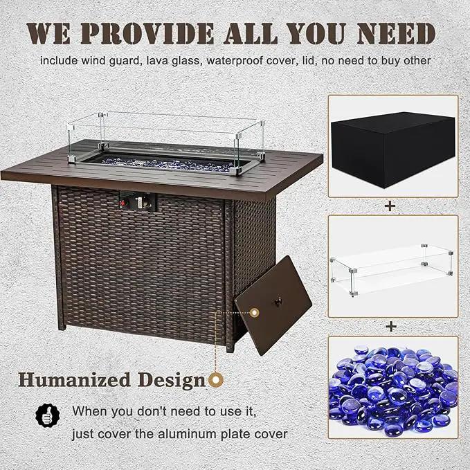 Propane Fire Pit Table,44 Inch 55000 BTU Outdoor Gas Fire Pit Rectangular with Glass Wind Guard for Outside Patio Deck (Brown-Aluminum Top) by GreenHaven Gardens