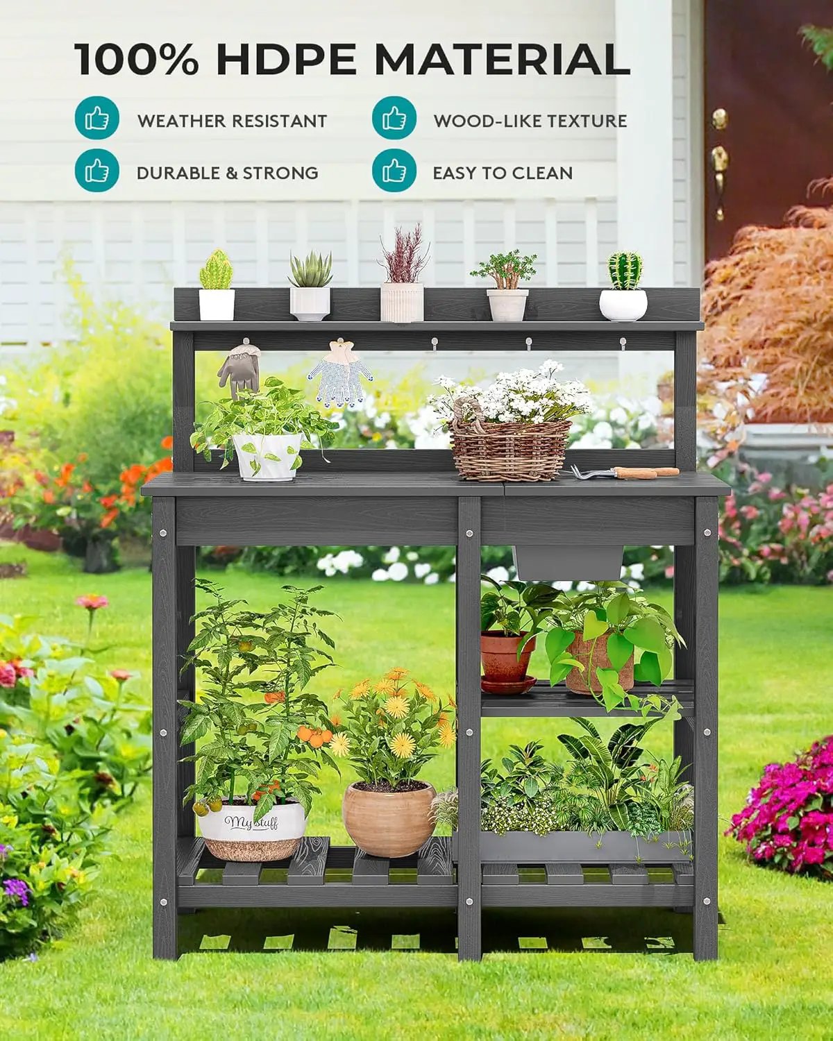 SERWALL Potting Bench Outdoor Potting Table with Sink, HDPE Potting Benches for Outside Gardening Table All Weather Use- Gray by GreenHaven Gardens