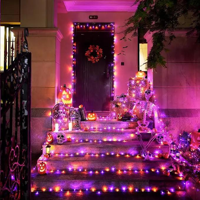 JMEXSUSS 33 FT 100 LED Halloween String Lights Indoor, Orange and Purple Halloween Lights Clear Wire, 8 Modes Outdoor Waterproof Christmas String Light Plug in by GreenHaven Gardens