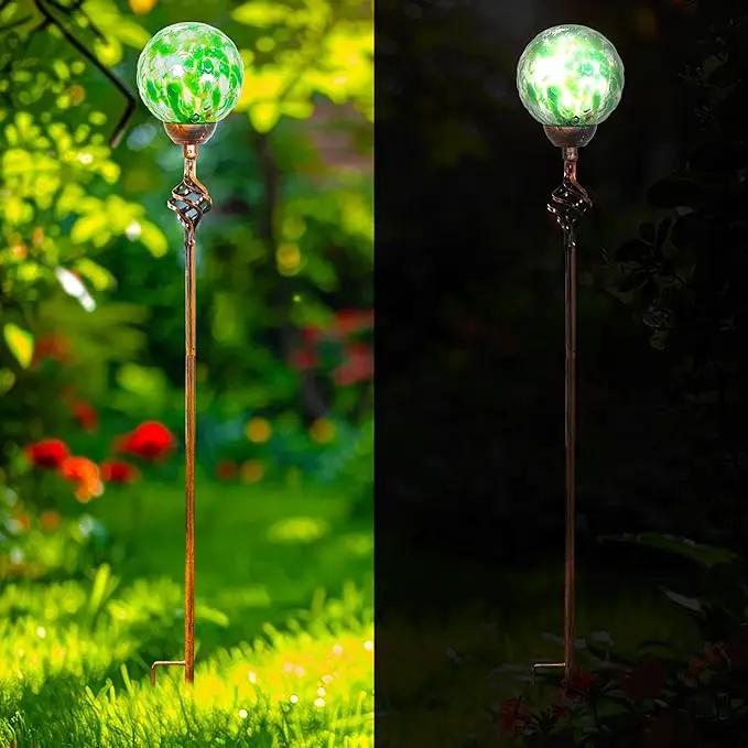 Garden Solar Lights, Decorative LED Honeycomb Glass Ball Garden Stake, Glass and Metal Outdoor Decoration, 4 x 31 Inch (Green) by GreenHaven Gardens