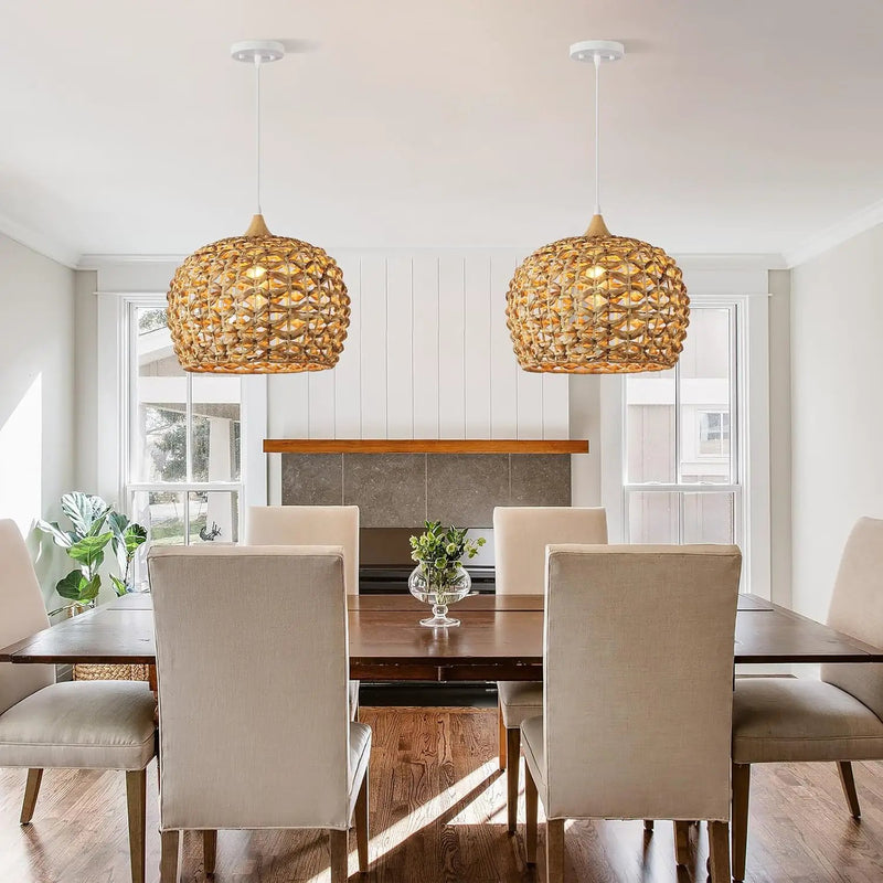 Boho Pendant Lights, 15.7" 1-Light Rattan Chandelier Hand-Woven Wicker Pendant Light with Water Hyacinth Shade, Coastal Dome Hanging Light for Dining Room Kitchen Island by GreenHaven Gardens
