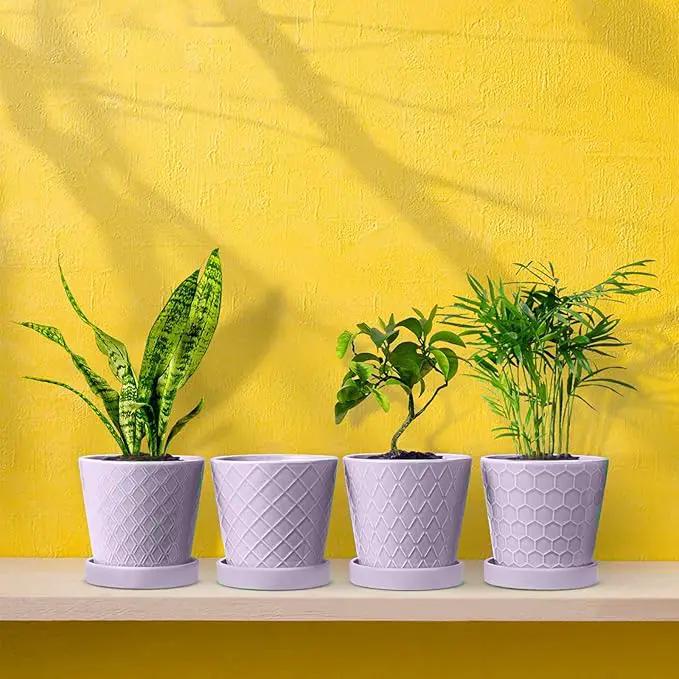 Plant Pots Indoor –5 in Ceramic Flower Pot with Drainage Hole and Ceramic Tray - Gardening Home Desktop Office Windowsill Decoration Gift, Set of 4 - Plants Not Included(Purple) by GreenHaven Gardens