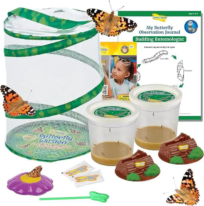 Insect Lore Butterfly Garden Kit – 10 Live Caterpillars, Habitat, STEM Journal, 2 Chrys-a-lid Holding Logs & Feeder – Grow & Release Painted Lady Butterflies – Educational Science Toy by GreenHaven Gardens