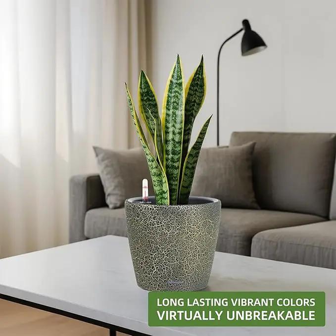 Dexceder 9x8 Inches Self Watering Planter Indoor Outdoor, Inner Pot Design, Thickened Table Flower Plant Pot with Water Level Indicator (Black Gold Crackle) by GreenHaven Gardens