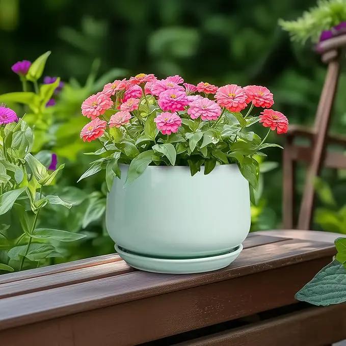 G EPGardening Ceramic Plant Pots - 6 Inch Pot for Plants, Ceramic Planter with Drainage and Saucer, Flower Indoor Outdoor Planter, Modern Bathroom Decor, Birthday Gifts, Green by GreenHaven Gardens
