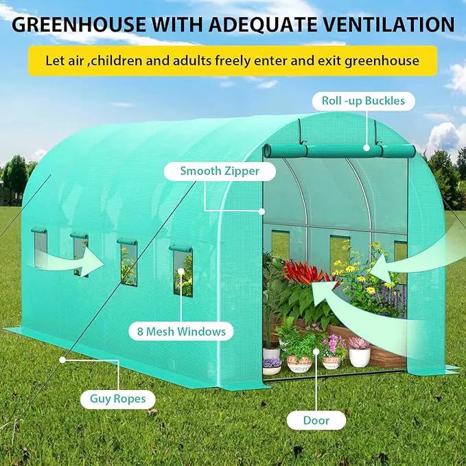 Compact Greenhouse Kit 7'x15'x7' with Galvanized Frame, 140G Green PE Cover, 1 Door & 8 Windows for Outdoor Gardening by GreenHaven Gardens