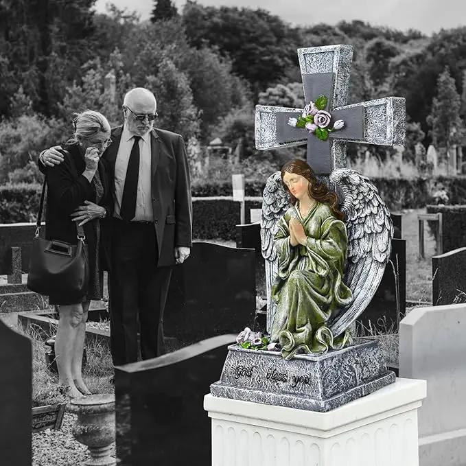 Yiosax-Solar Angels for Cemetery-Garden Statue Lights Decor - Before The Cross on One Knee Wings Praying Angel Figurine Bless You Cemetery Patio Lawn Yard Porch Decorations by GreenHaven Gardens