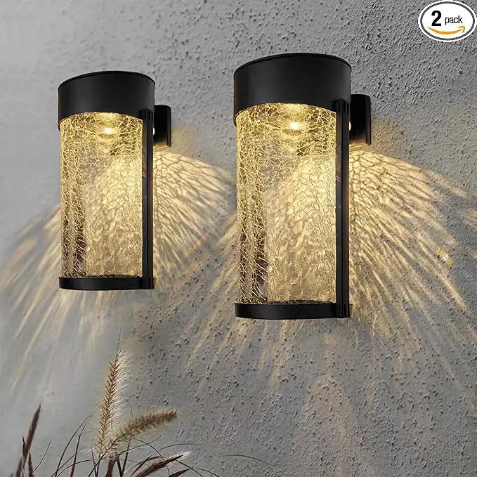 2PK Solar Outdoor Wall Lights with Crackle Glass Shade, Porch Fence Exterior Light Fixture Solar Powered Wall Scones by GreenHaven Gardens