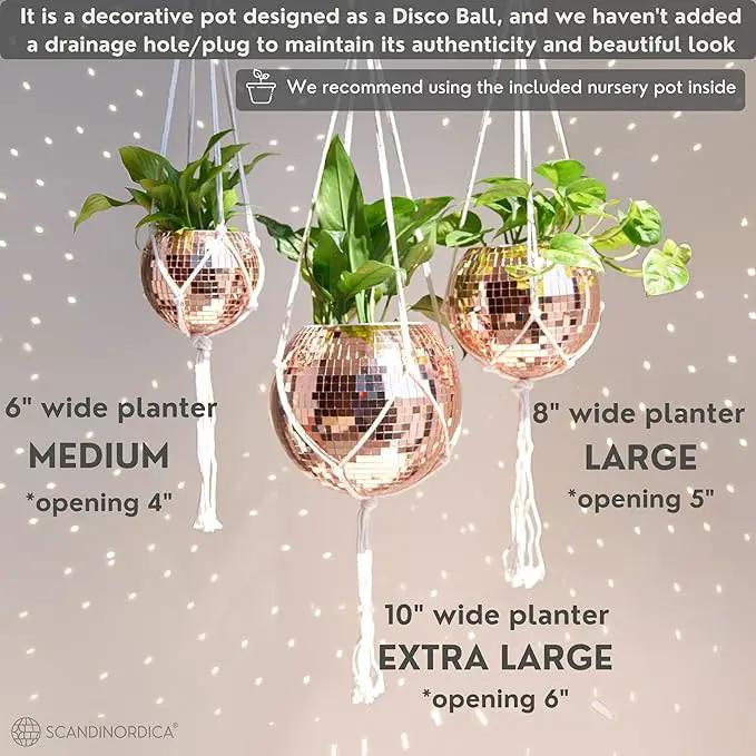SCANDINORDICA Disco Ball Planter – Value Package: Mirror Disco Planter with Chain, Macrame Hanger and Acrylic Stand for Desk, Includes Self Watering Insert, Plant Gifts | 8 inch Rose Gold by GreenHaven Gardens